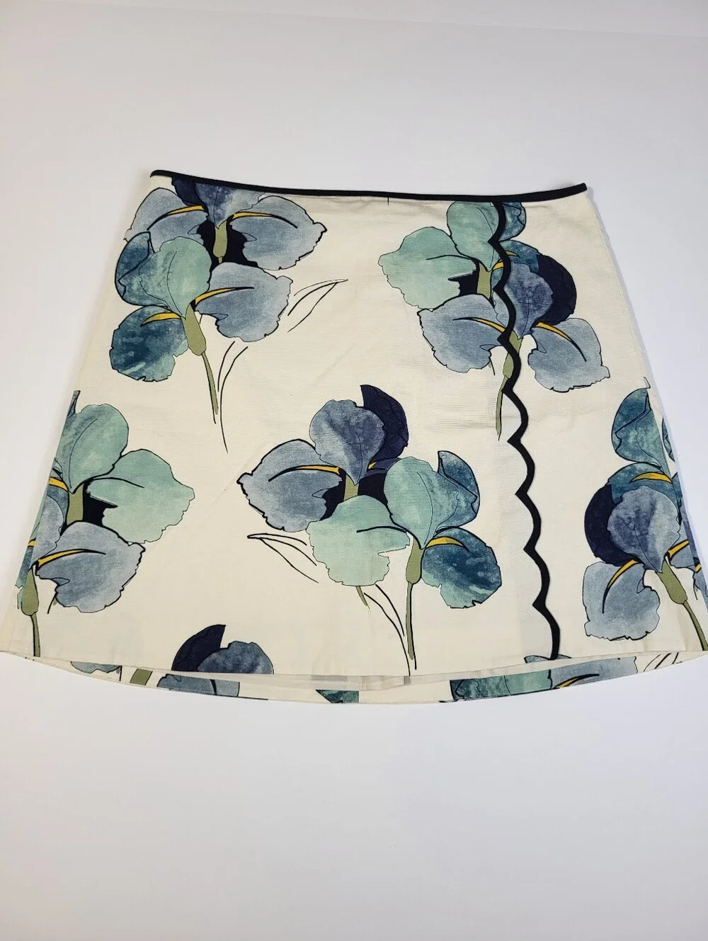 Tory Burch Iris Print A Line Skirt Black Scallop Trim Lined Blue Cream